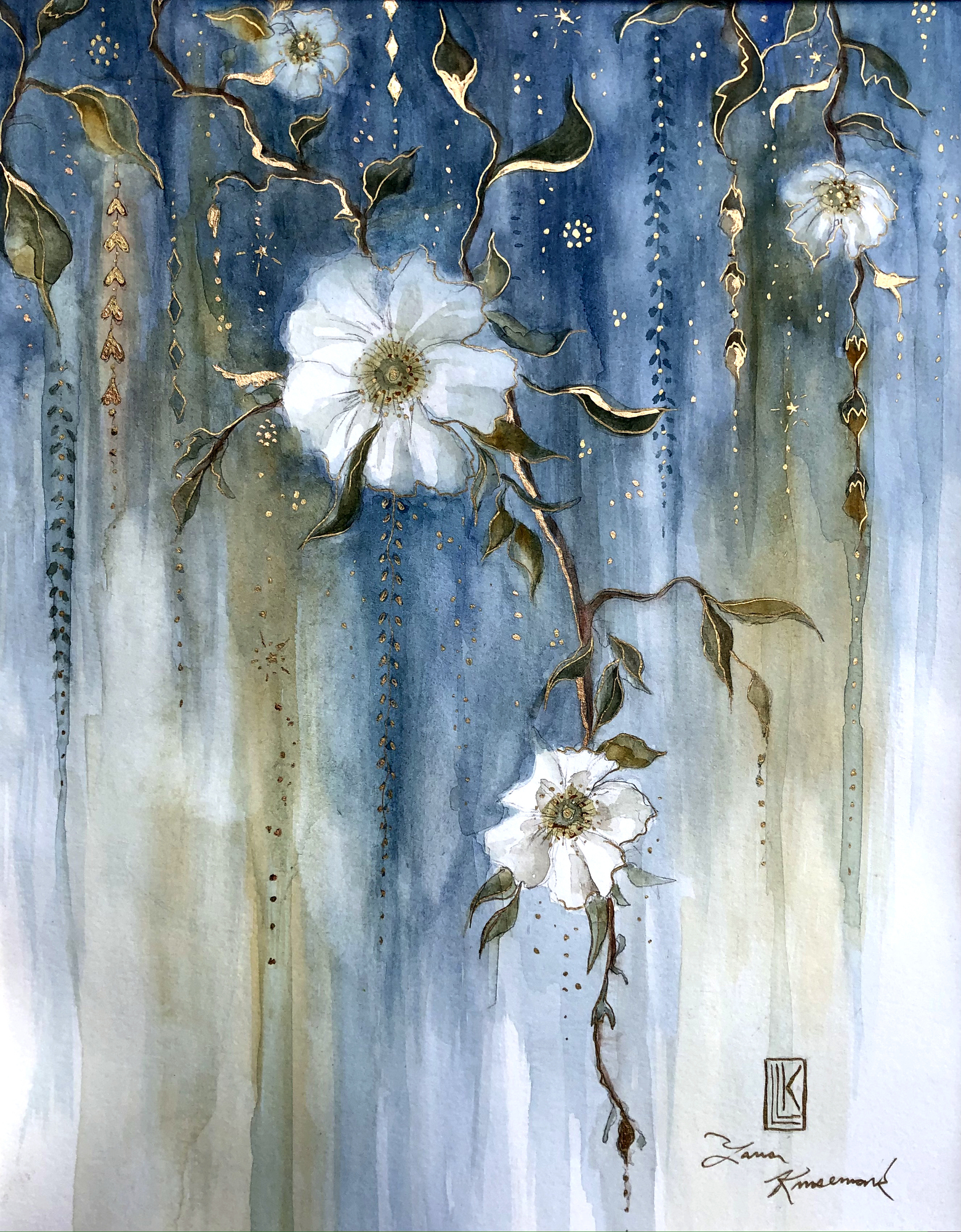 Stars of Earth, white flowers with gold details on blue background, vertical composition, 2022 watercolor painting on paper by Laura L. Krusemark