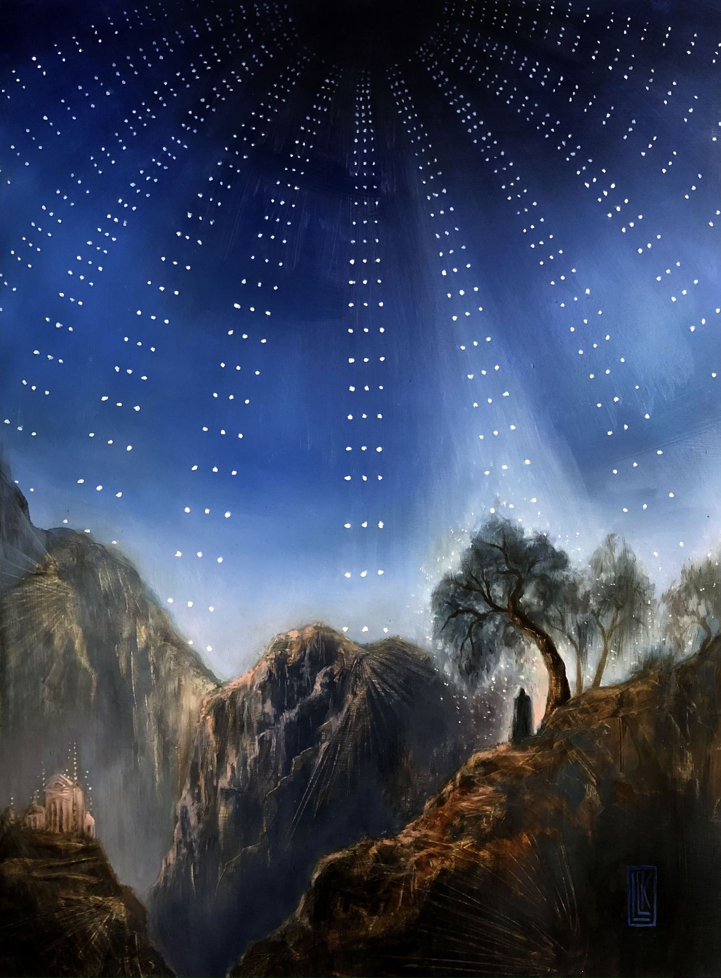 Vision Quest, mountain landscape with figure on cliff under radial star pattern sky, 2022 oil painting on wood panel by Laura L. Krusemark