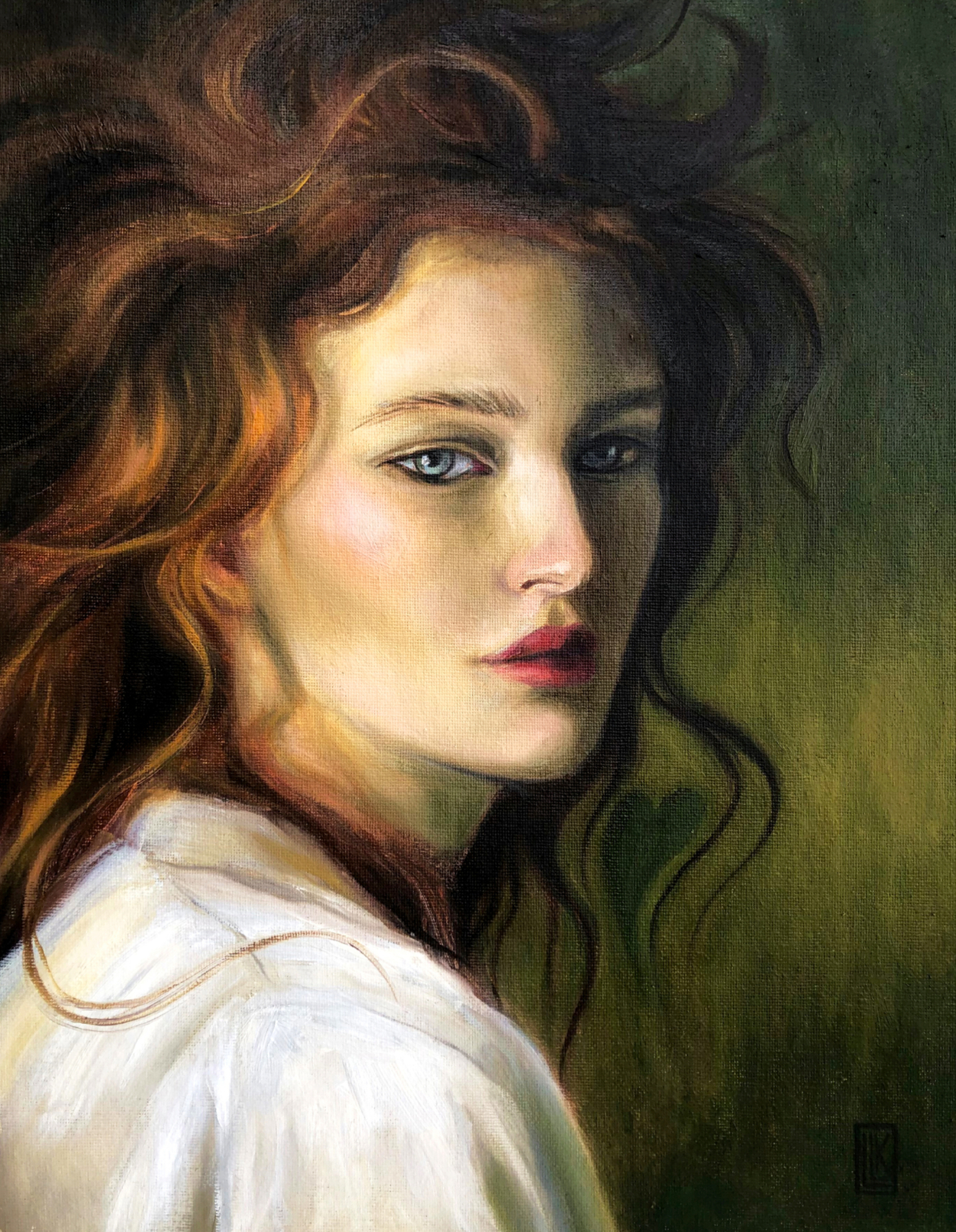 Green Heart, woman portrait with red hair looking sideways, soft green background, 2022 oil painting on linen by Laura L. Krusemark