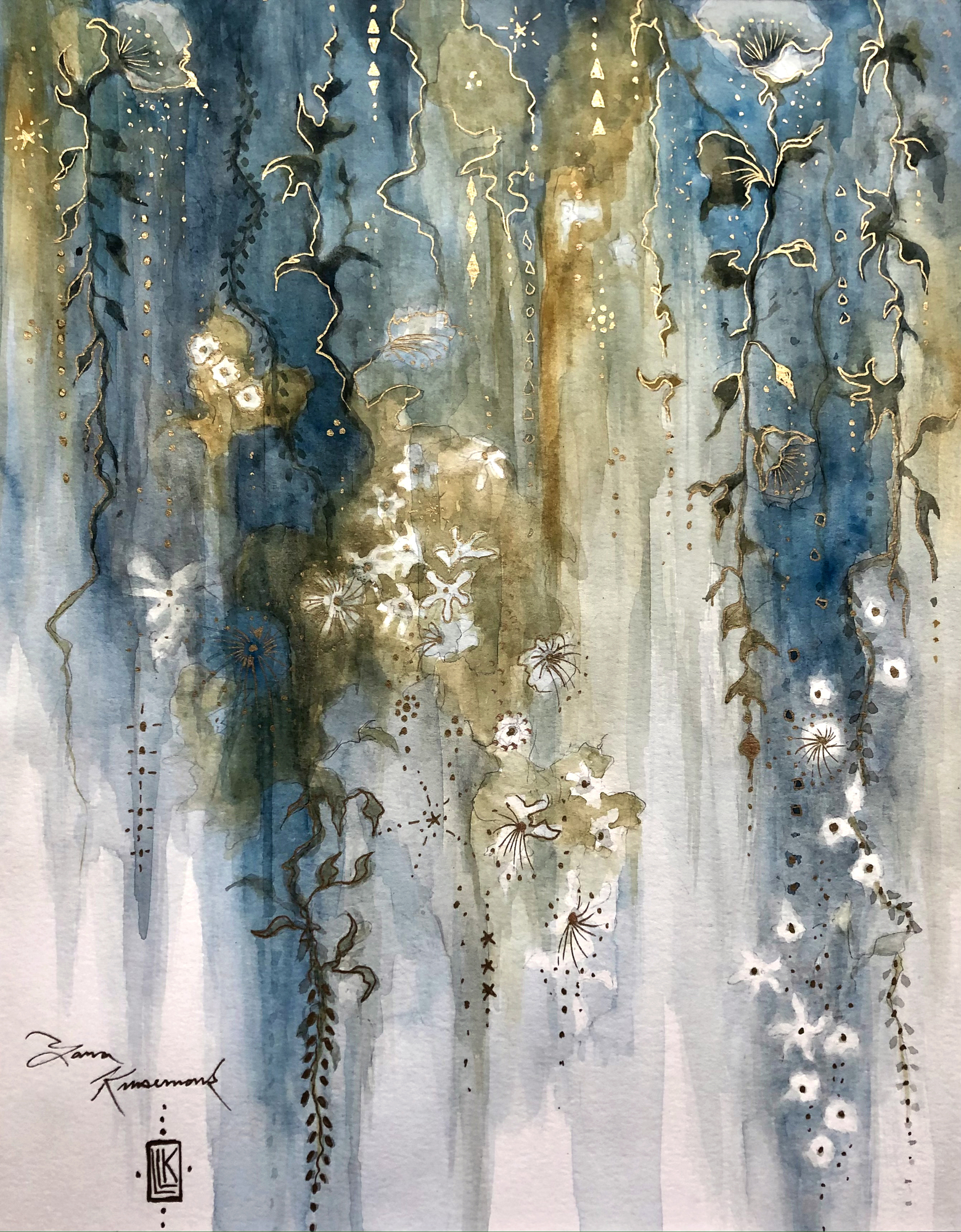 Blossoming Abundance, blue and gold abstract florals with dripping vertical textures, 2022 watercolor painting on paper by Laura L. Krusemark