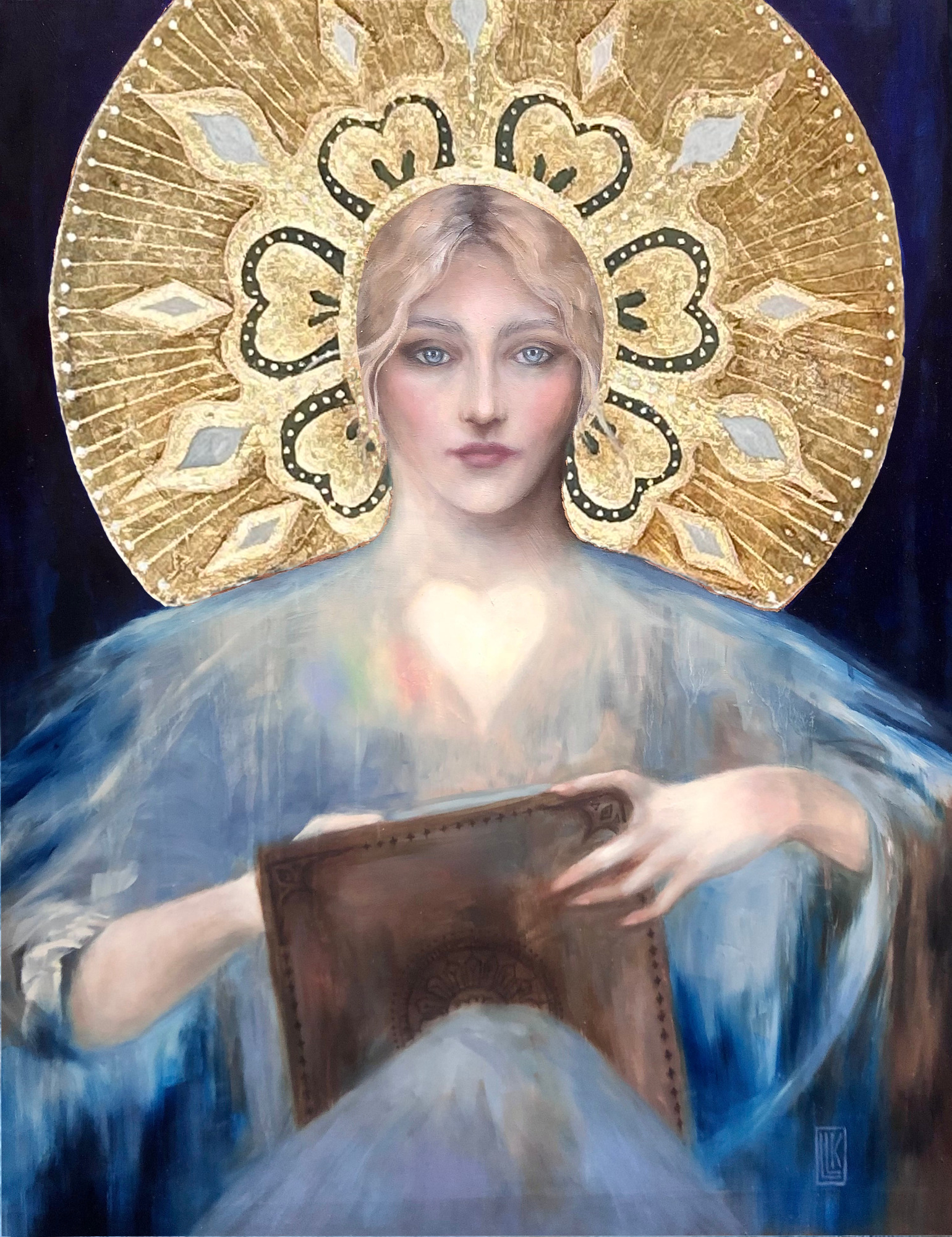 Akasha, woman with golden halo holding book with glowing heart at chest, 2023 oil painting on wood panel by Laura L. Krusemark