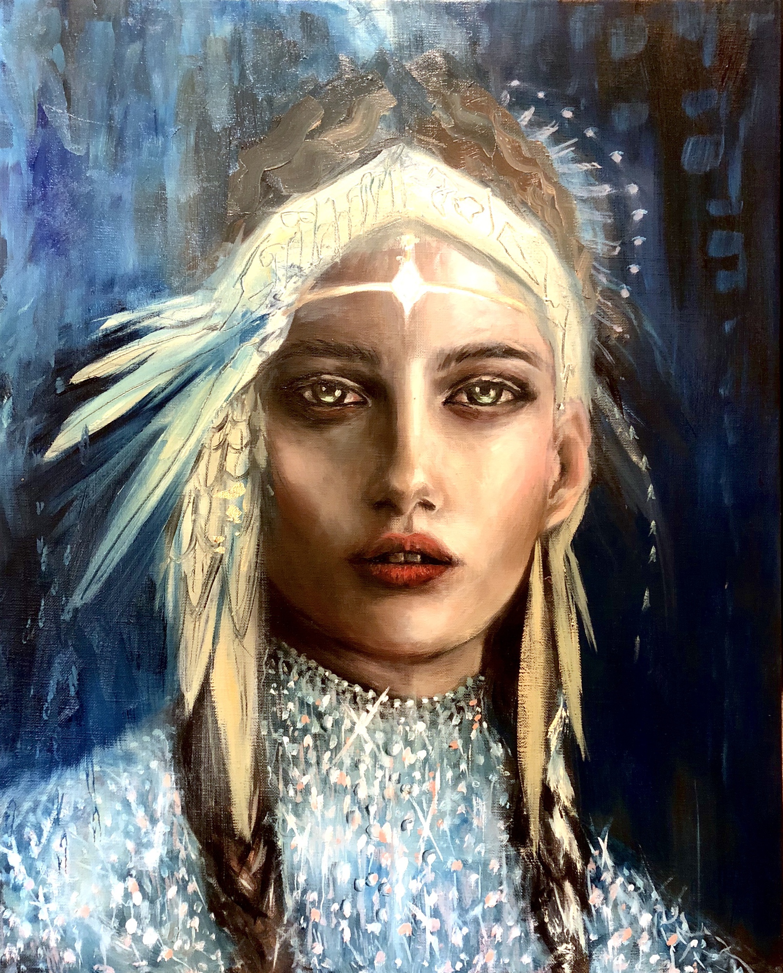 Penelope Star, portrait of a young lady with blue background, 2023 oil painting on canvas by Laura L. Krusemark