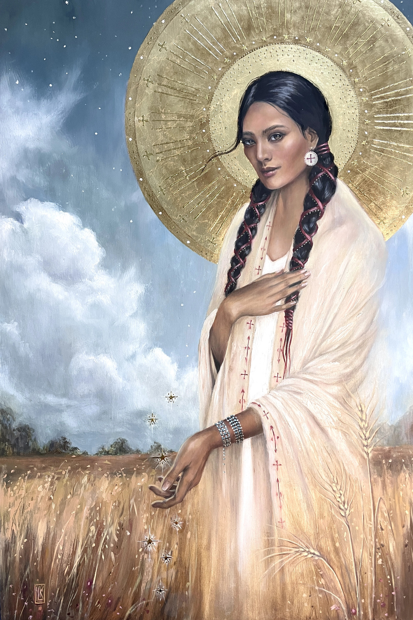 As Above, Sow Below, young Native American woman in traditional dress stands in a wheat field with her hand on her heart with a large golden Byzantine style halo around her head, 2024 oil painting on wood panel by Laura L. Krusemark