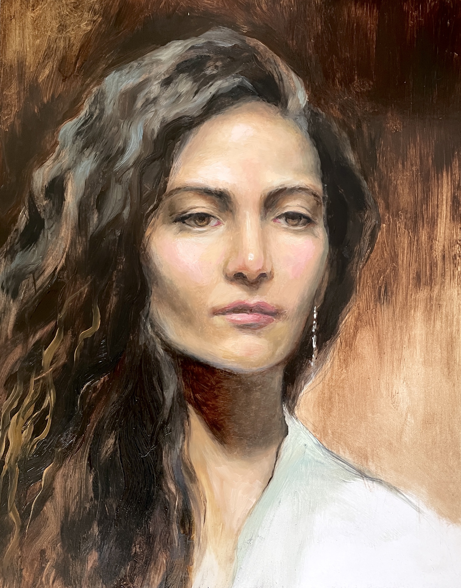 Focused Reflection, portrait of a young woman with full dark brown hair against a simple brown background, 2024 oil painting on wood panel by Laura L. Krusemark