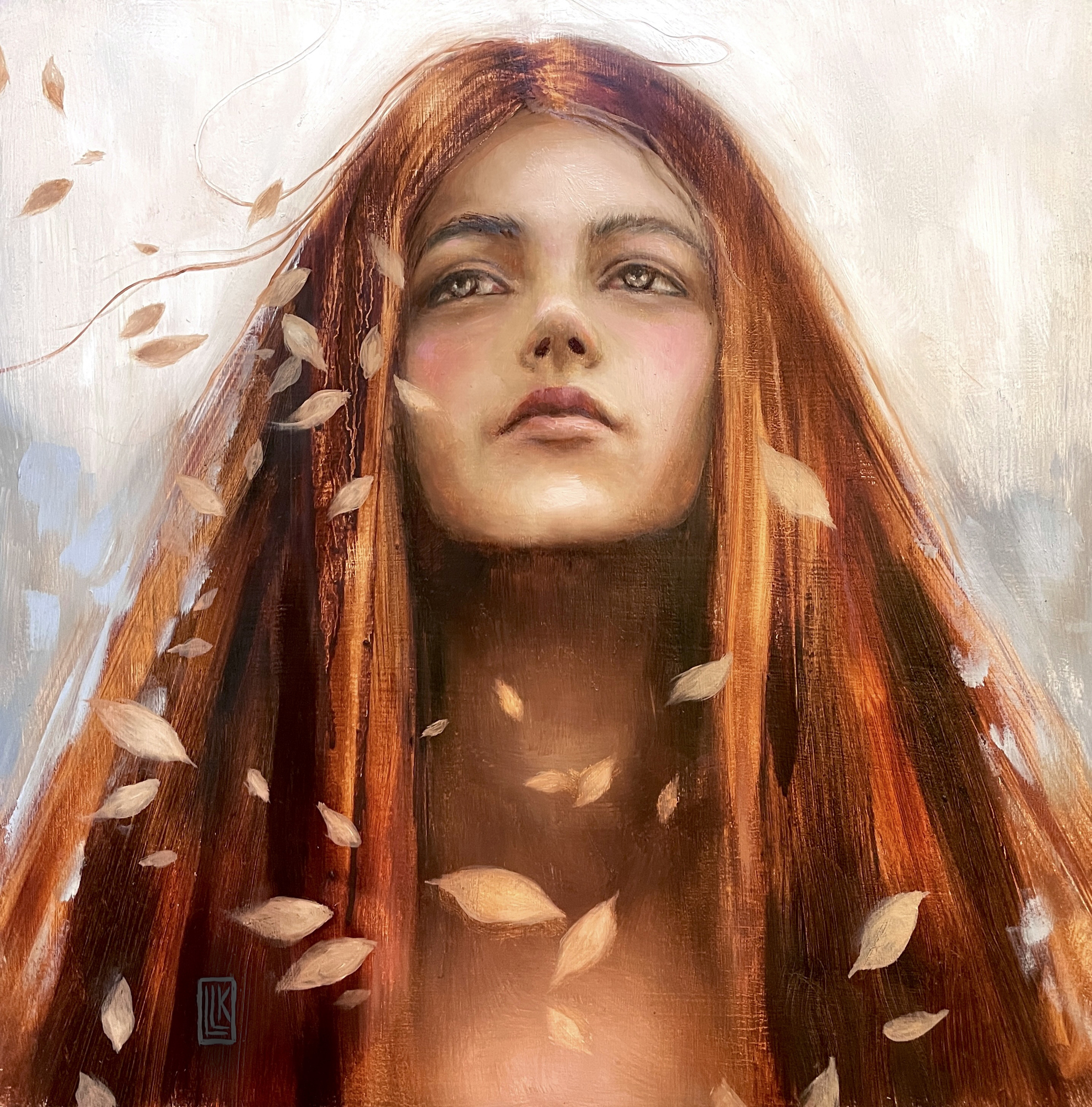 Autumn's Song, portrait of a young lady looking upwards while Autumn leaves fall around her and her red hair blows in the wind, 2024 oil painting on wood panel by Laura L. Krusemark