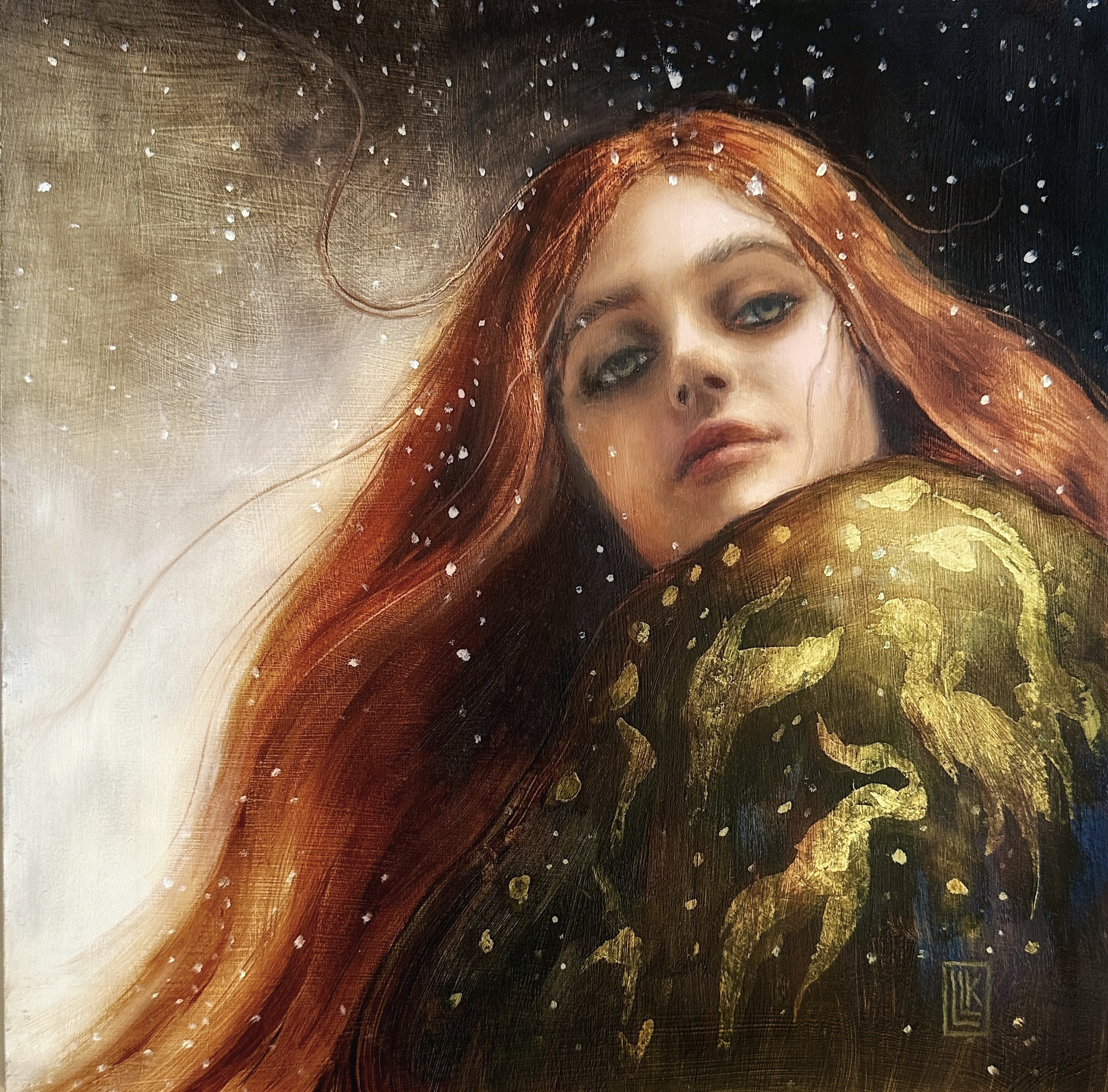Snowfire, portrait of a young lady looking towards the viewer with a beautiful green and gold cape, with long red hair blowing in the snow, 2024 oil painting on wood panel by Laura L. Krusemark
