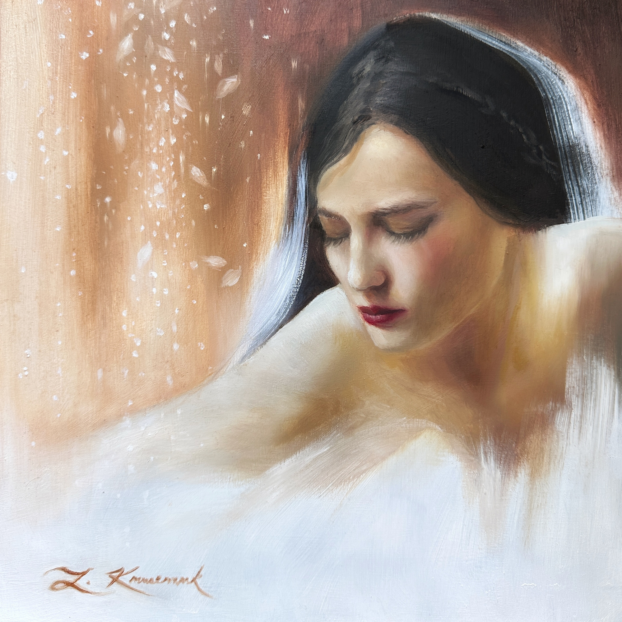 Gifts of Gold, portrait of a young woman reflecting in a profile pose created in a oil sketch style with soft warm gold and burnt sienna colors in the background, 2025 oil painting on wood panel by Laura L. Krusemark
