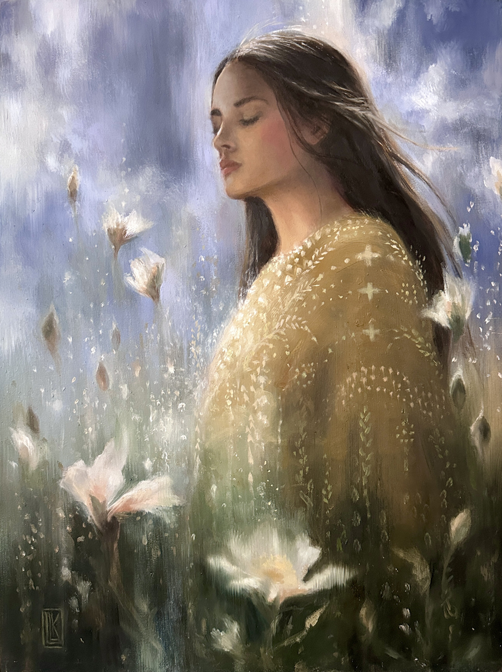 The Healing Garden, young woman stands in a tall garden of flowers with a gentle breeze and feeling of reflection and strength, 2025 oil painting on wood panel by Laura L. Krusemark