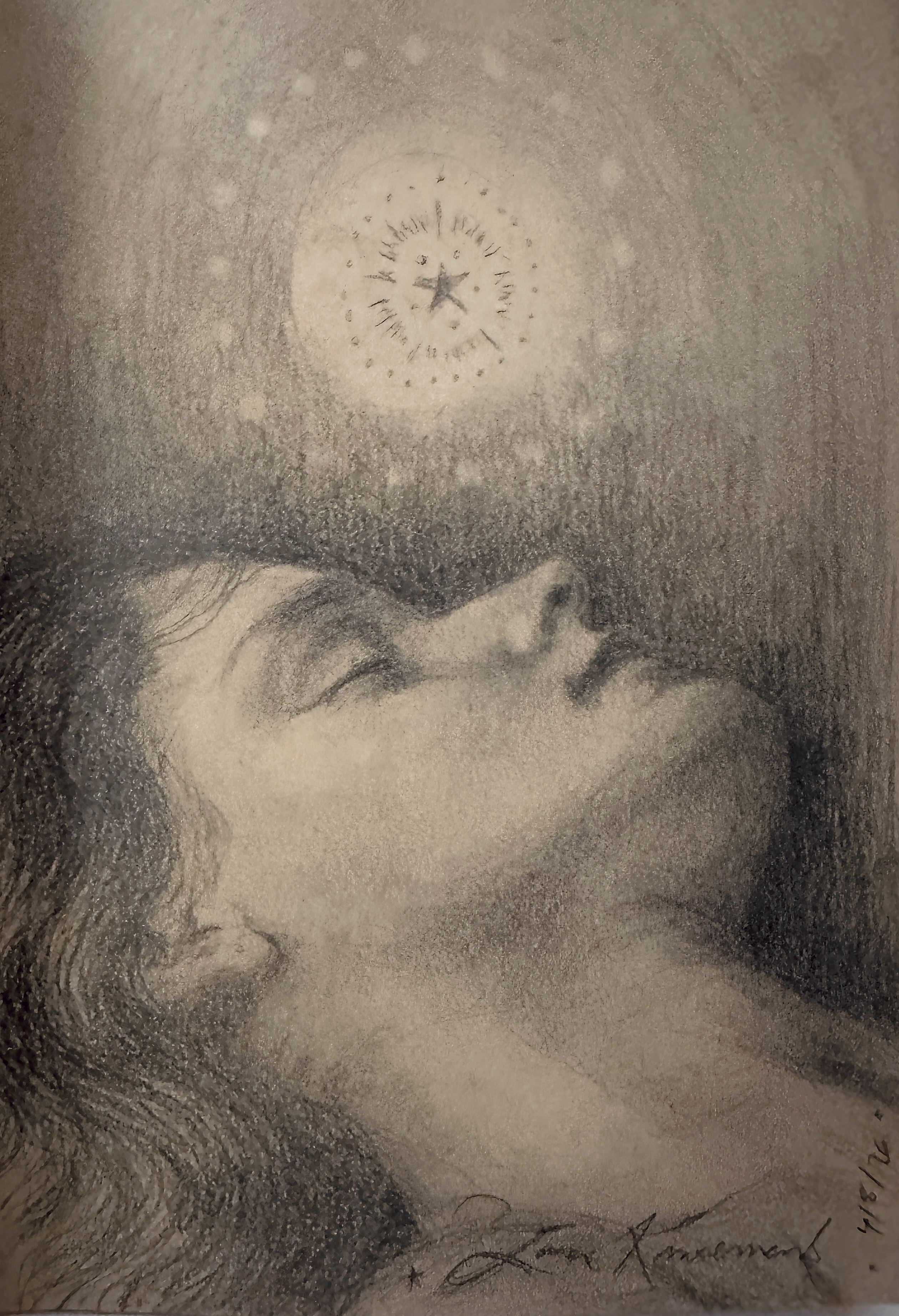 Soul Star, Soft graphite portrait of a woman in profile with closed eyes gazing upward beneath a glowing star symbol surrounded by circular celestial markings and mist-like shading., 2026 graphite painting on paper by Laura L. Krusemark