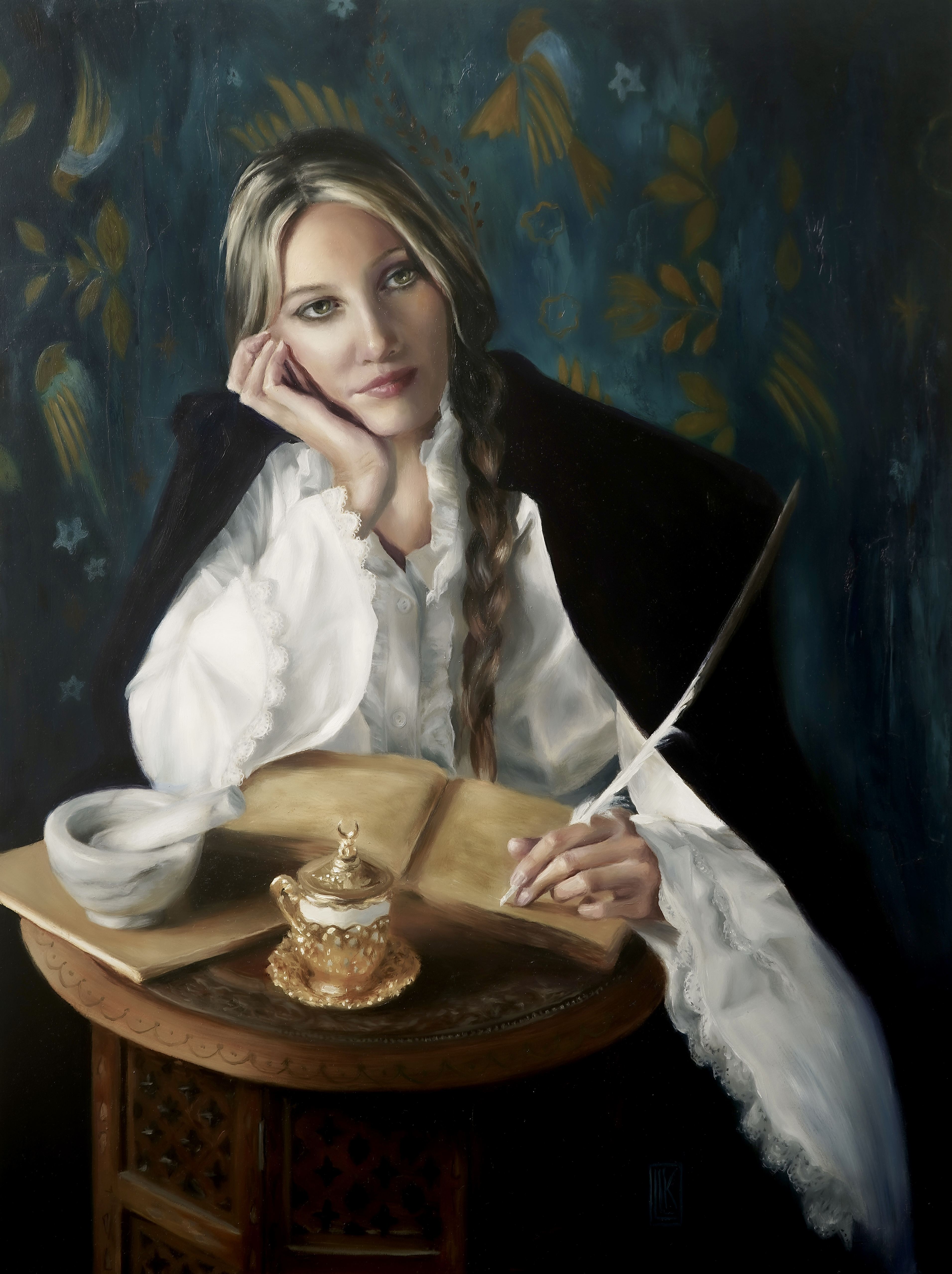 Dream of an Earlier Self, Self-Portrait writing beside an open book with a feather quill, dressed in flowing white sleeves against a deep blue patterned background., 2026 oil painting on wood panel by Laura L. Krusemark