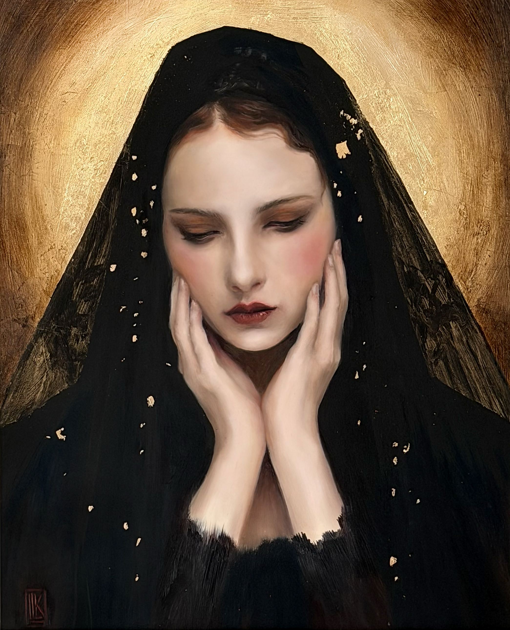 Oro e Ombra, Portrait oil painting of a contemplative young woman draped in a black veil adorned with gold accents, illuminated by a radiant golden background in a style reminiscent of sacred iconography and classical portraiture., 2026 oil painting on wood panel by Laura L. Krusemark