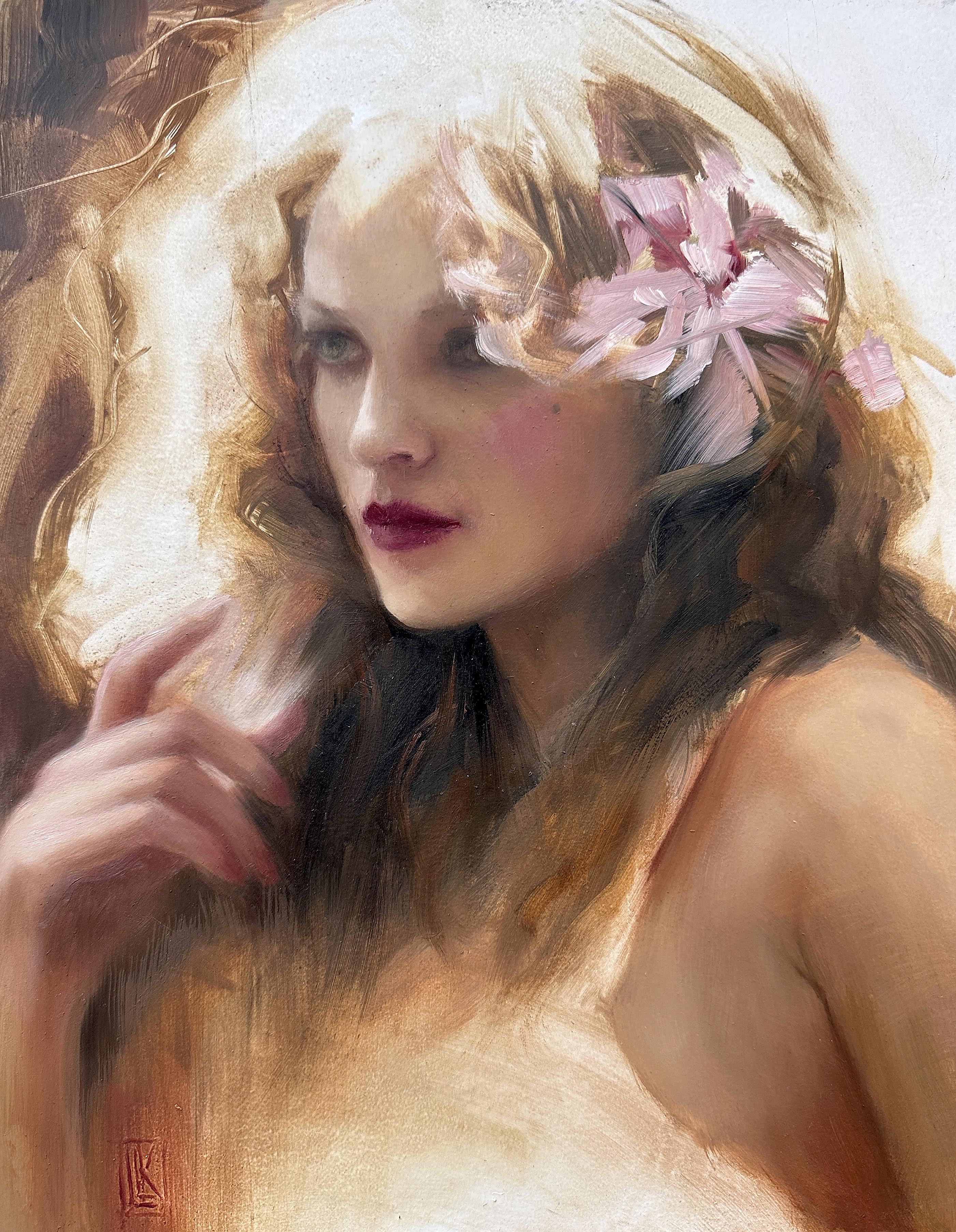 The Hour of Roses, An expressive oil portrait on wood panel featuring a young woman adorned with soft pink blossoms, painted with luminous brushwork and a romantic, atmospheric palette., 2026 oil painting on wood panel by Laura L. Krusemark