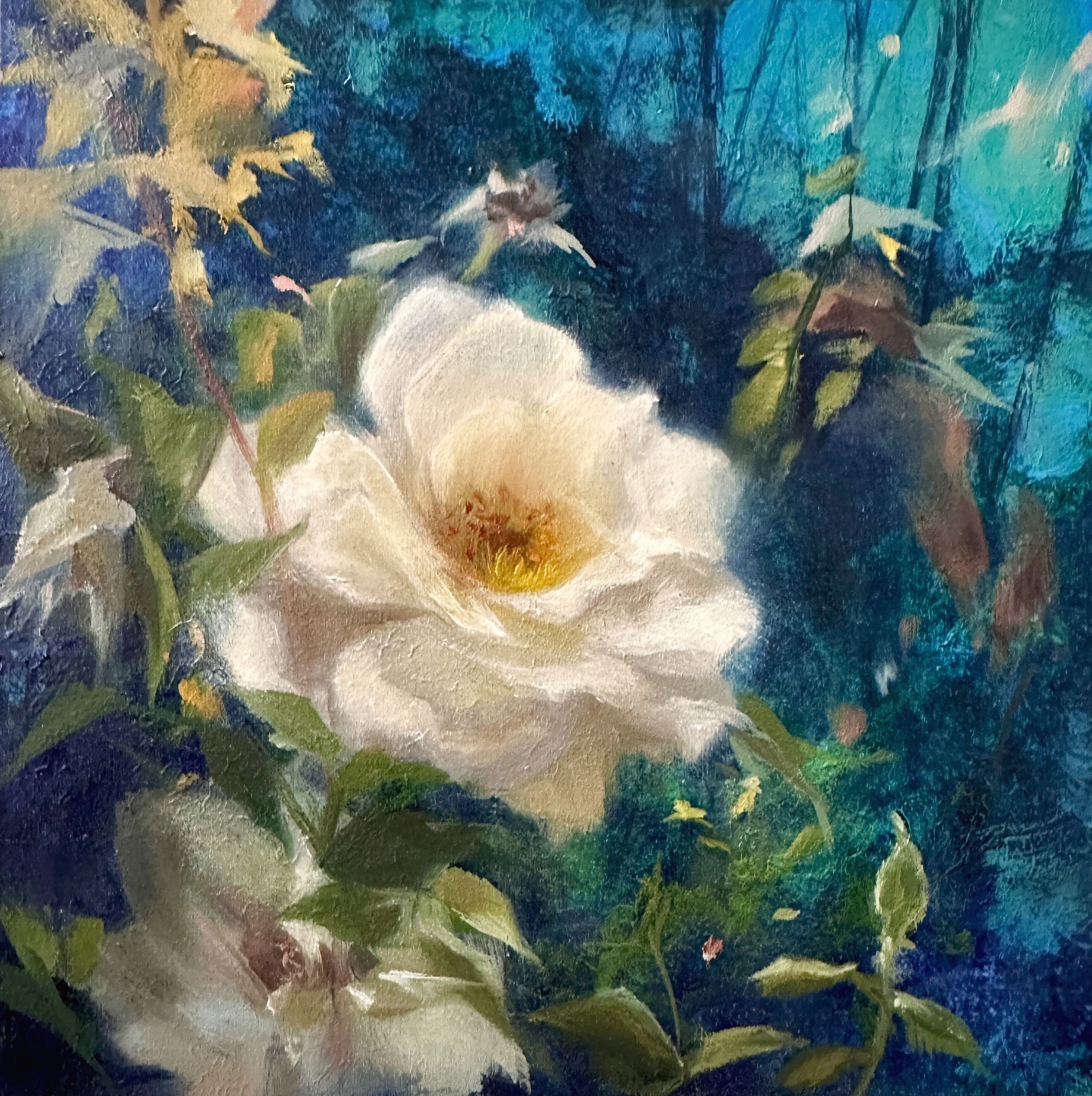 Mystic Garden Rose, Original oil painting of a white rose surrounded by lush foliage in a vibrant blue garden. Soft, expressive brushwork captures the ethereal beauty of light, nature, and blooming flowers., 2026 oil painting on canvas by Laura L. Krusemark