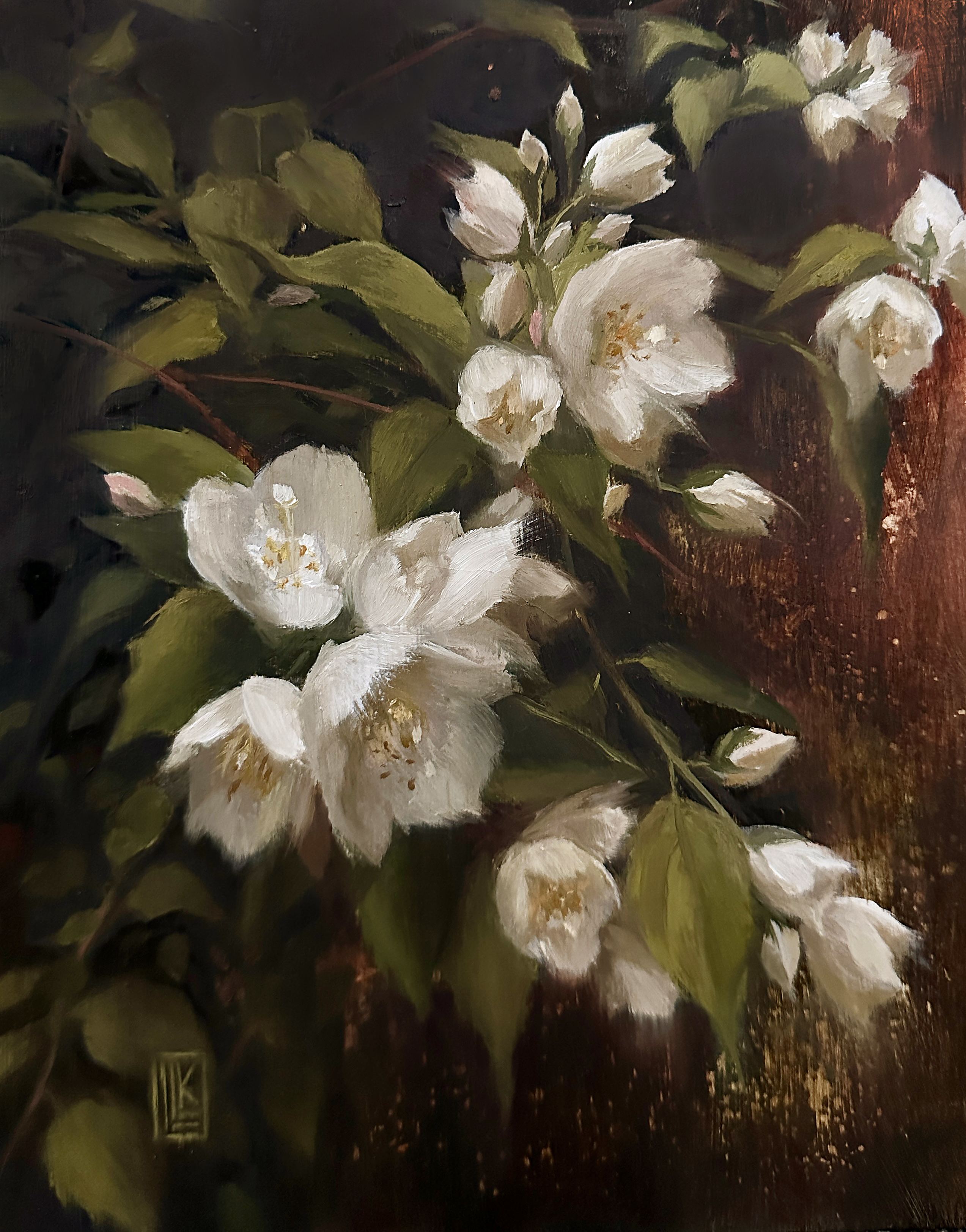 The Fragrance of Light, Original oil painting on wood panel featuring luminous mock orange blossoms in bloom. Soft, expressive brushwork and warm natural light create a timeless floral composition inspired by the beauty of spring gardens., 2026 oil painting on wood panel by Laura L. Krusemark